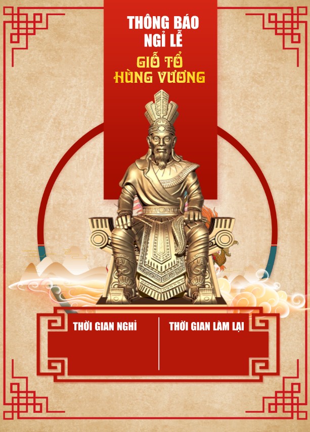 Holiday announcement poster for Hung Kings' Commemoration Day featuring a golden statue, with moutain and clouds illustration, poster thông báo lịch nghỉ Giỗ tổ Hùng Vương